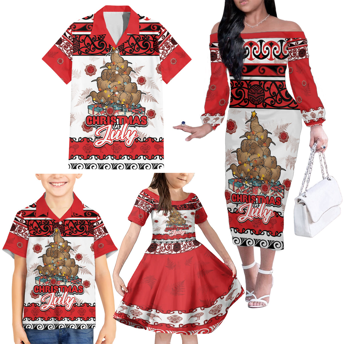Personalised New Zealand July Christmas Family Matching Off The Shoulder Long Sleeve Dress and Hawaiian Shirt Maori Kiwi Xmas Tree - White LT05 - Polynesian Pride