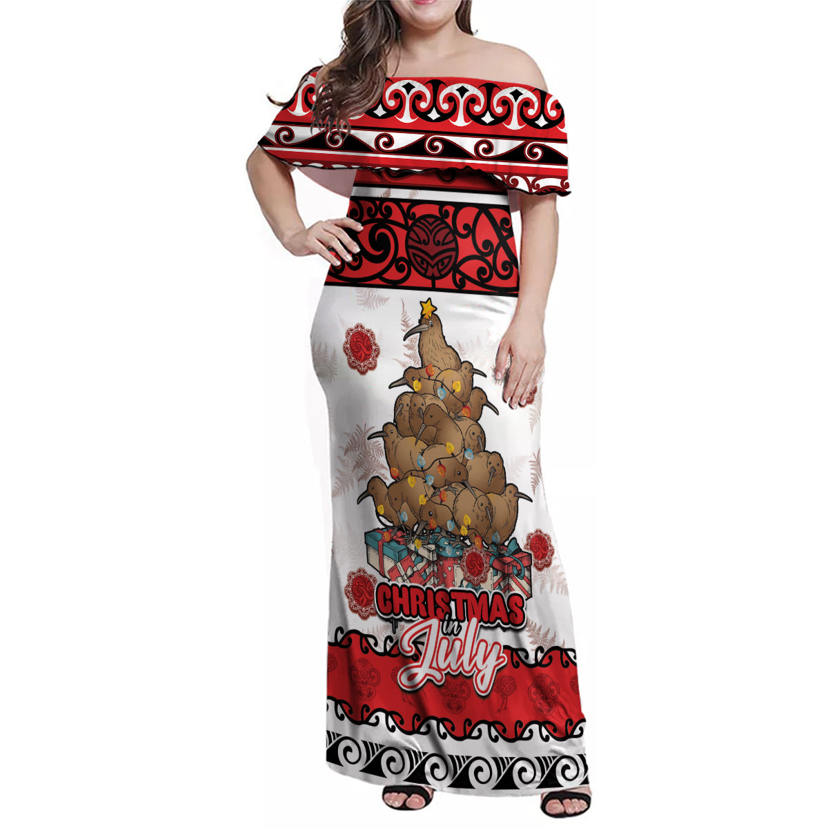 Personalised New Zealand July Christmas Family Matching Off Shoulder Maxi Dress and Hawaiian Shirt Maori Kiwi Xmas Tree - White