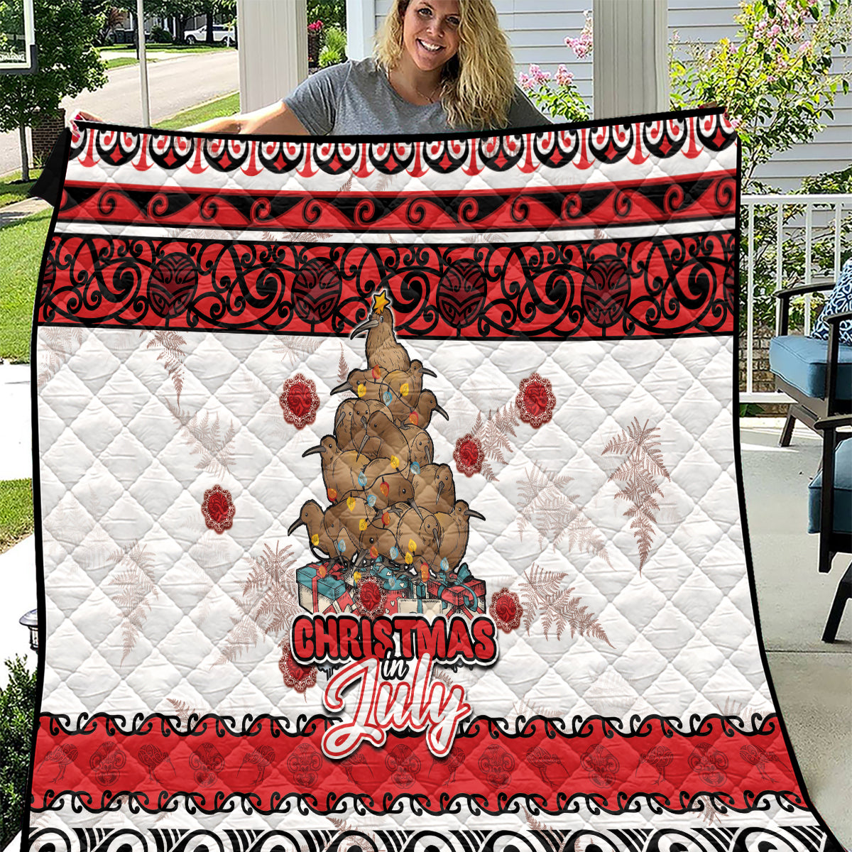 New Zealand July Christmas Quilt Maori Kiwi Xmas Tree - White LT05 White - Polynesian Pride