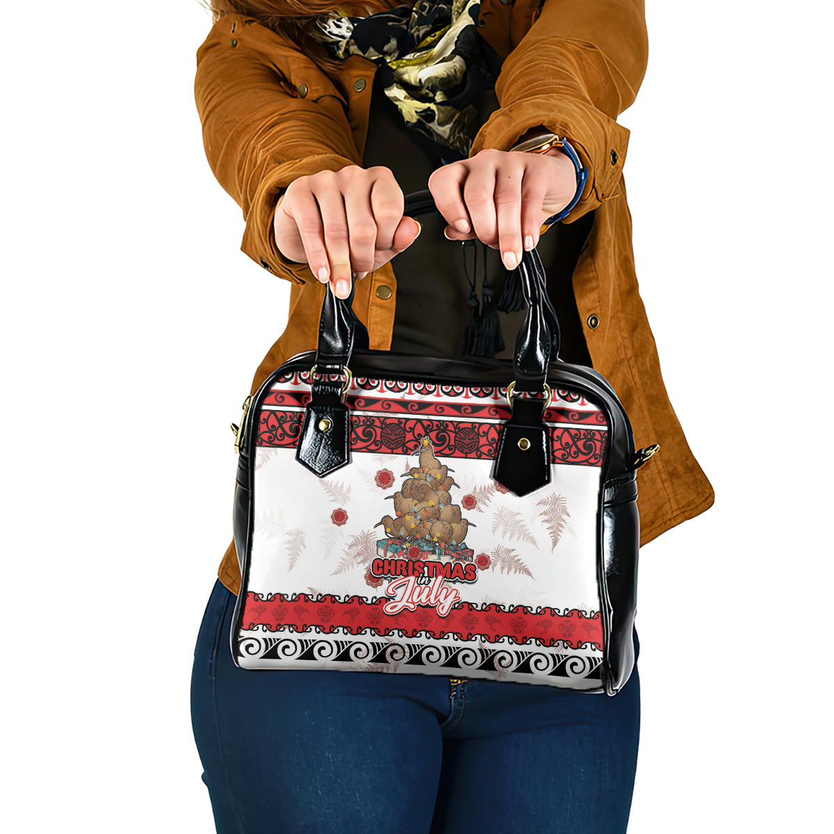New Zealand July Christmas Shoulder Handbag Maori Kiwi Xmas Tree - White LT05 One Size White - Polynesian Pride