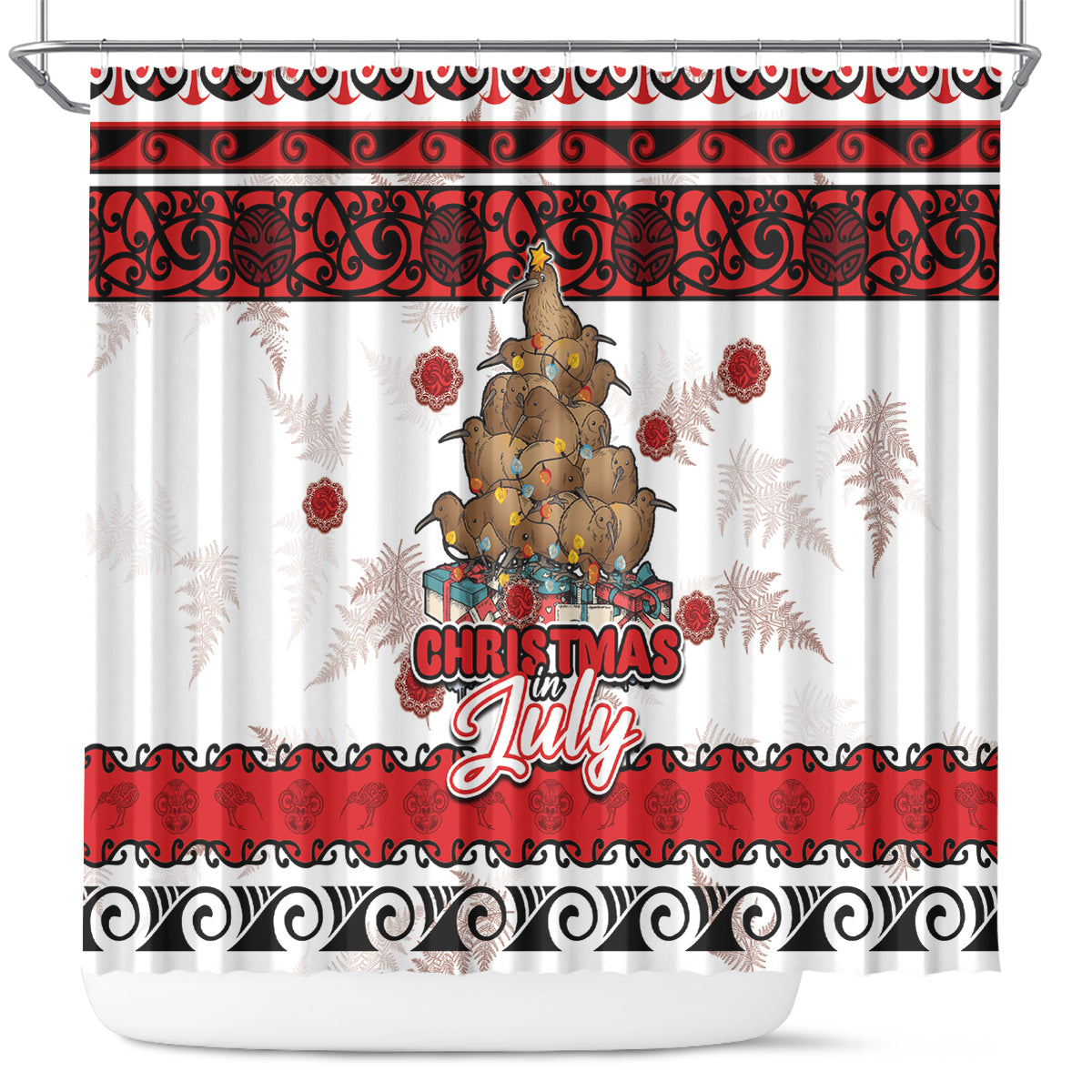 New Zealand July Christmas Shower Curtain Maori Kiwi Xmas Tree - White LT05 White - Polynesian Pride