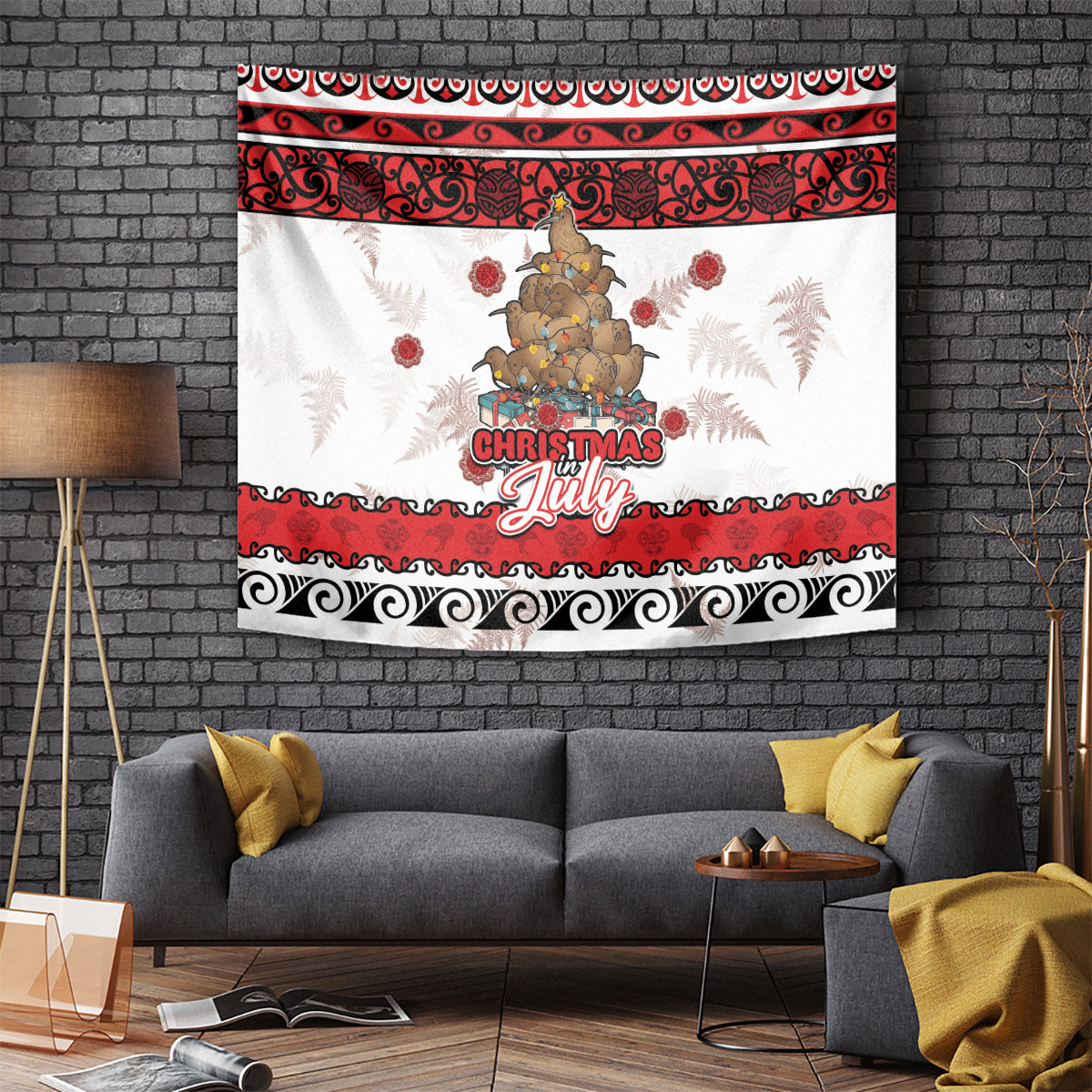 New Zealand July Christmas Tapestry Maori Kiwi Xmas Tree - White