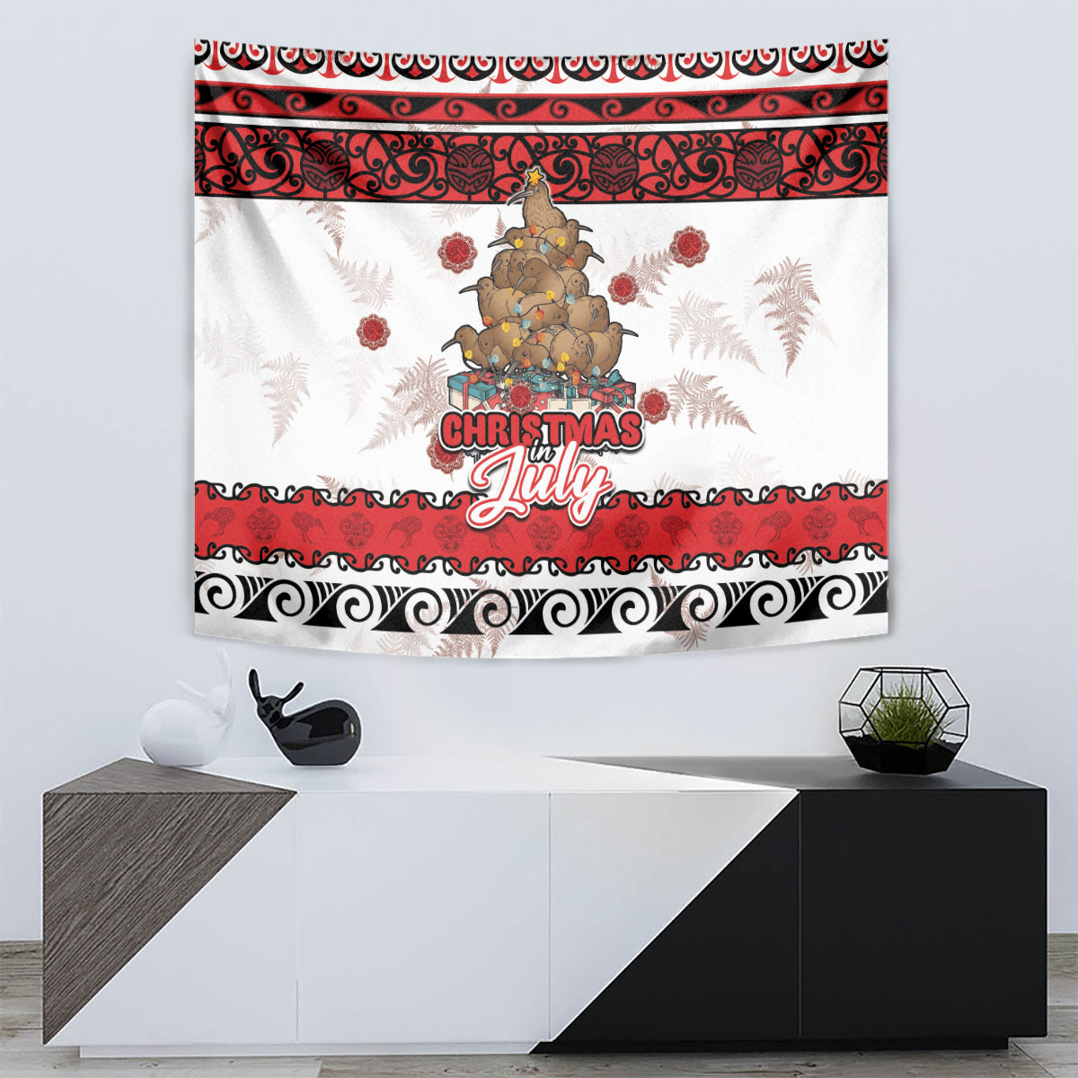 New Zealand July Christmas Tapestry Maori Kiwi Xmas Tree - White