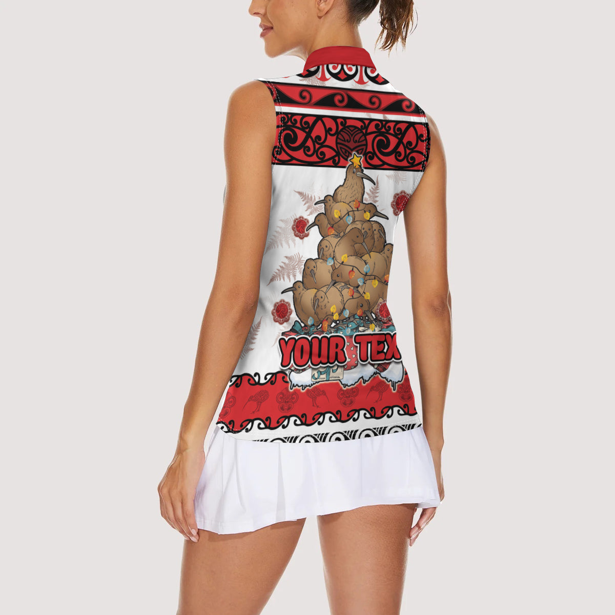 Personalised New Zealand July Christmas Women Sleeveless Polo Shirt Maori Kiwi Xmas Tree - White