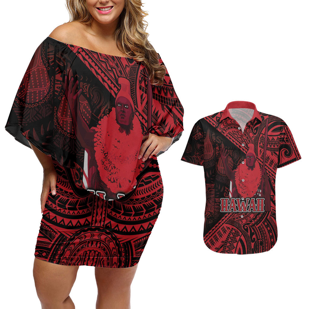 Hawaii King Kamehameha Couples Matching Off Shoulder Short Dress and Hawaiian Shirt With Hawaiian Ipu Motifs Red Version