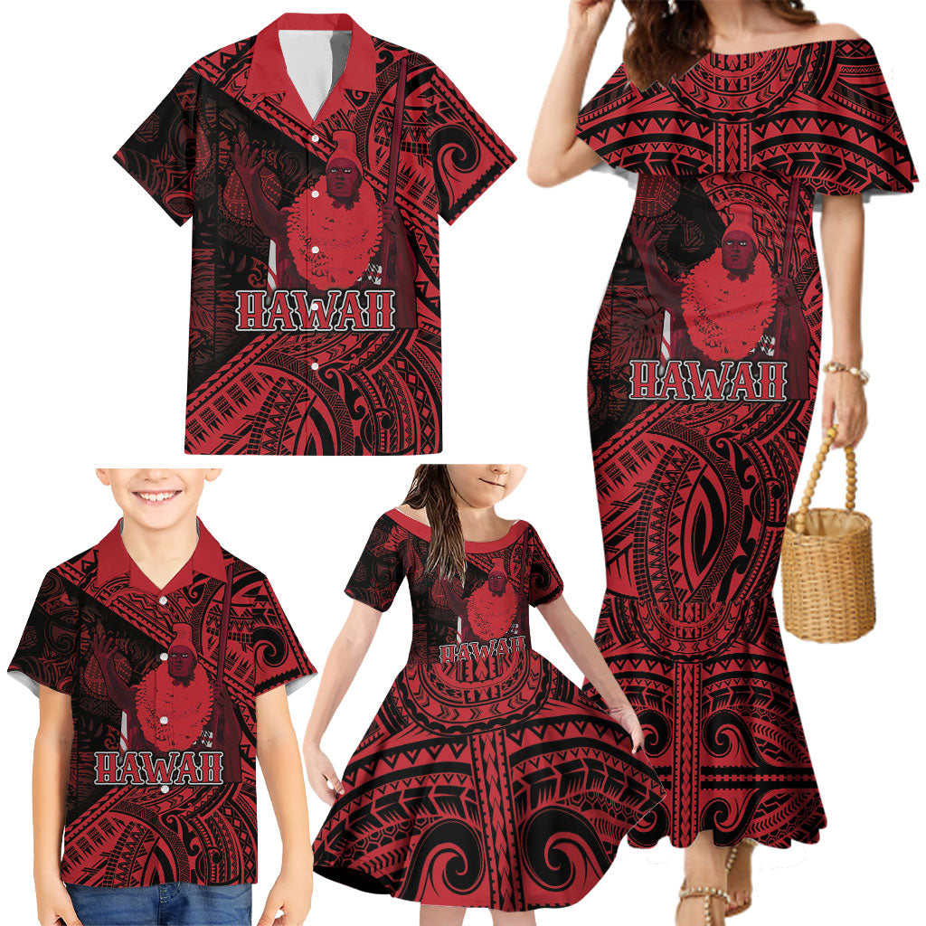 Hawaii King Kamehameha Family Matching Mermaid Dress and Hawaiian Shirt With Hawaiian Ipu Motifs Red Version
