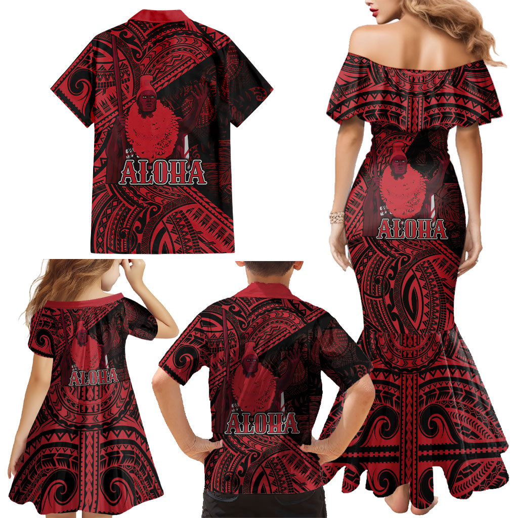 Hawaii King Kamehameha Family Matching Mermaid Dress and Hawaiian Shirt With Hawaiian Ipu Motifs Red Version
