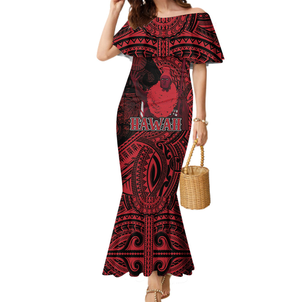 Hawaii King Kamehameha Family Matching Mermaid Dress and Hawaiian Shirt With Hawaiian Ipu Motifs Red Version