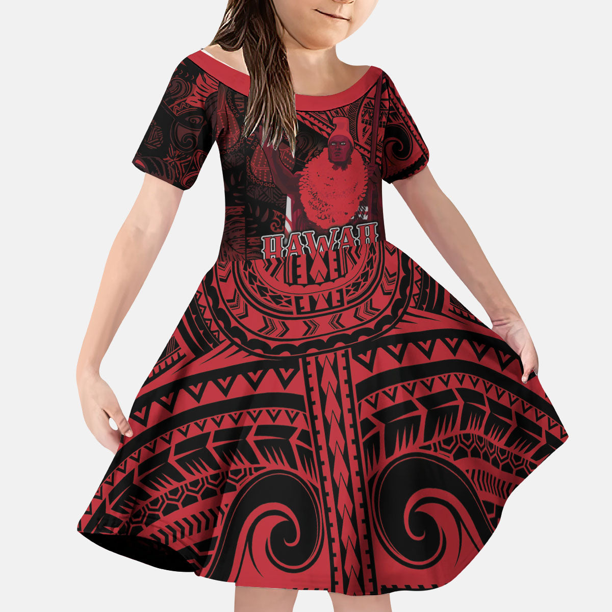 Hawaii King Kamehameha Kid Short Sleeve Dress With Hawaiian Ipu Motifs Red Version