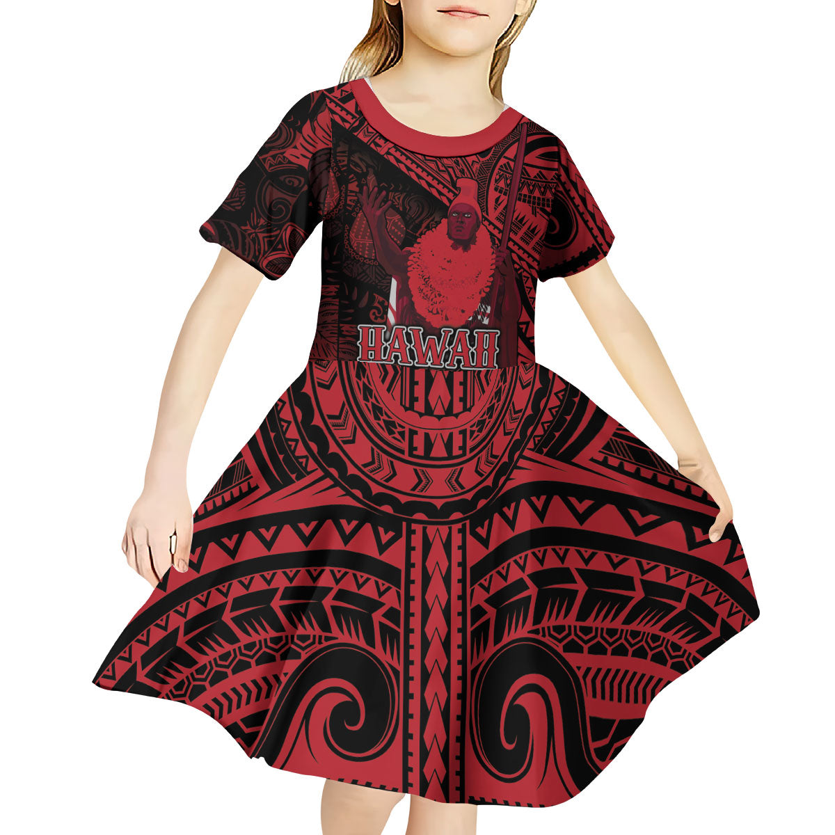 Hawaii King Kamehameha Kid Short Sleeve Dress With Hawaiian Ipu Motifs Red Version