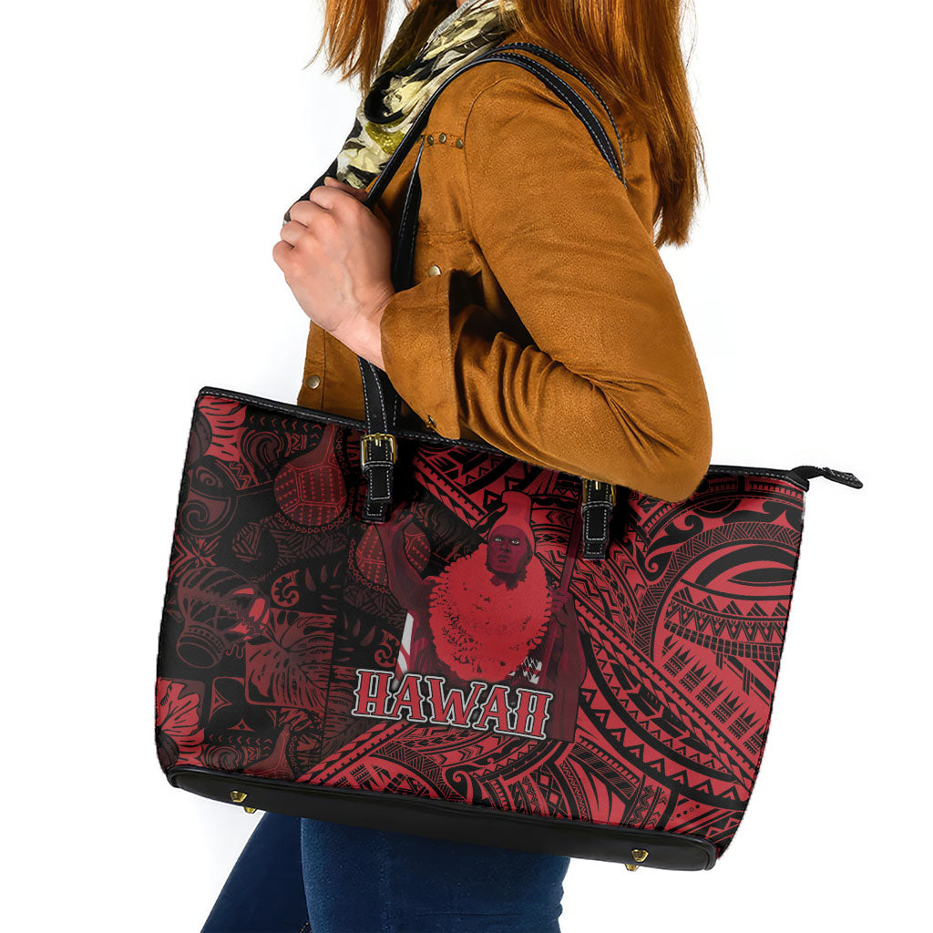 Hawaii King Kamehameha Leather Tote Bag With Hawaiian Ipu Motifs Red Version
