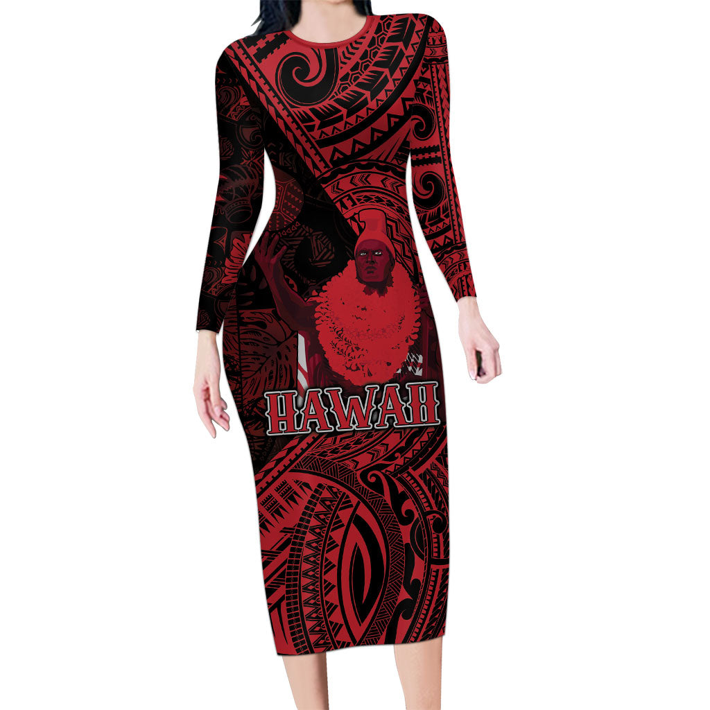 Hawaii King Kamehameha Long Sleeve Bodycon Dress With Hawaiian Ipu Motifs Red Version