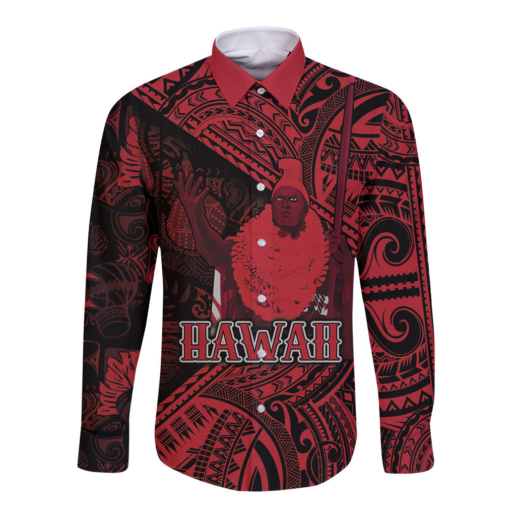 Hawaii King Kamehameha Long Sleeve Button Shirt With Hawaiian Ipu Motifs  Red Version