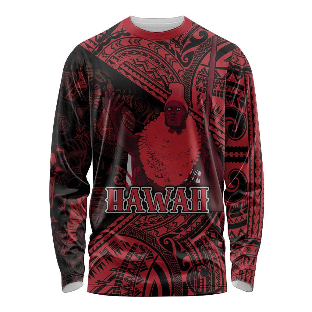 Hawaii King Kamehameha Long Sleeve Shirt With Hawaiian Ipu Motifs Red Version