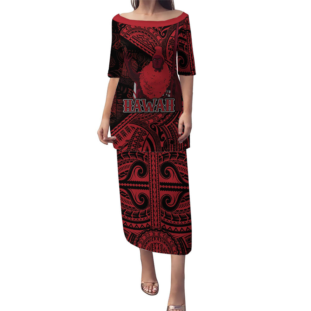 Hawaii King Kamehameha Puletasi With Hawaiian Ipu Motifs Red Version LT05 Long Dress Red - Polynesian Pride