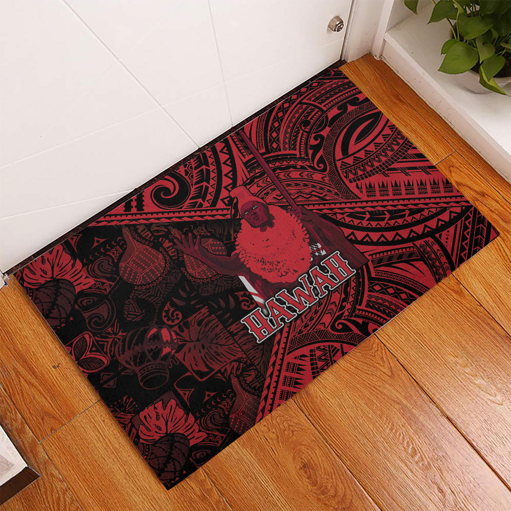 Hawaii King Kamehameha Rubber Doormat With Hawaiian Ipu Motifs Red Version