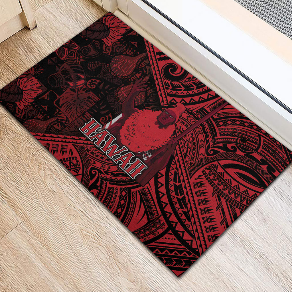 Hawaii King Kamehameha Rubber Doormat With Hawaiian Ipu Motifs Red Version