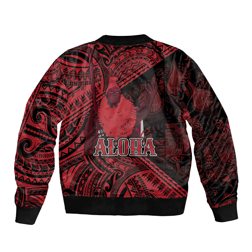 Hawaii King Kamehameha Sleeve Zip Bomber Jacket With Hawaiian Ipu Motifs Red Version LT05 - Polynesian Pride