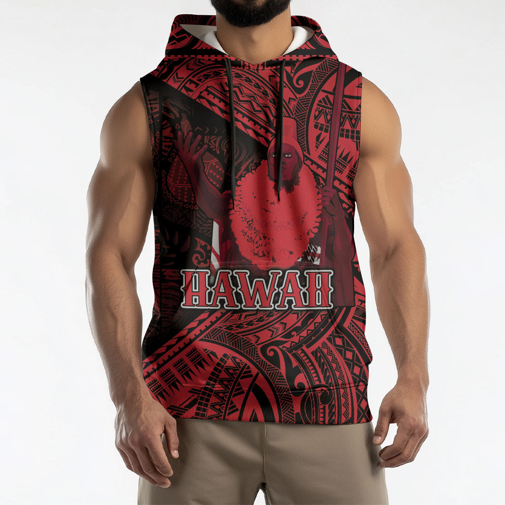 Hawaii King Kamehameha Sleeveless Hoodie With Hawaiian Ipu Motifs Red Version LT05 - Polynesian Pride