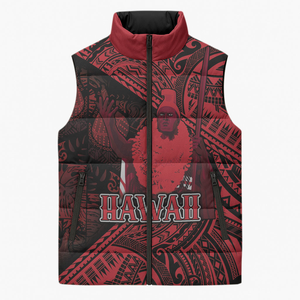 Hawaii King Kamehameha Sleeveless Puffer Jacket With Hawaiian Ipu Motifs Red Version LT05 Unisex Red - Polynesian Pride
