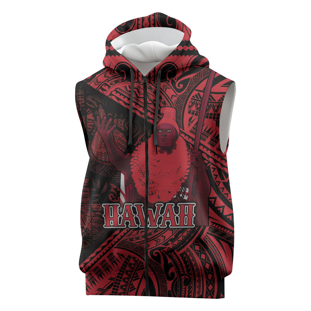 Hawaii King Kamehameha Sleeveless Zip Hoodie With Hawaiian Ipu Motifs Red Version LT05 Red - Polynesian Pride