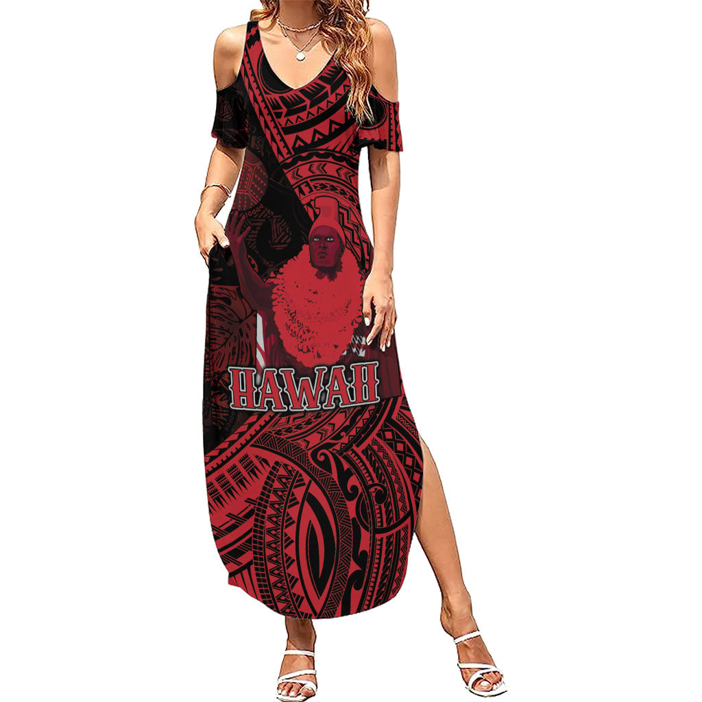 Hawaii King Kamehameha Summer Maxi Dress With Hawaiian Ipu Motifs Red Version LT05 Women Red - Polynesian Pride