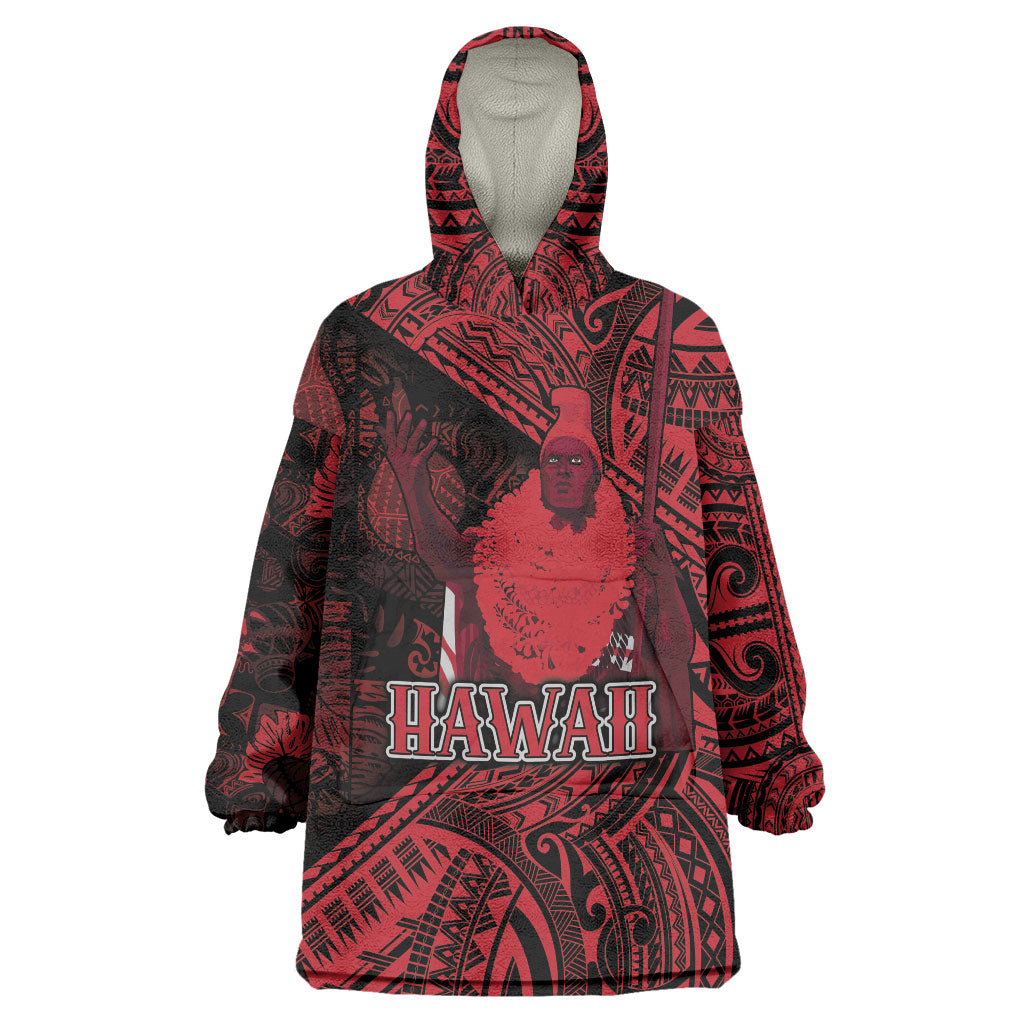 Hawaii King Kamehameha Wearable Blanket Hoodie With Hawaiian Ipu Motifs Red Version
