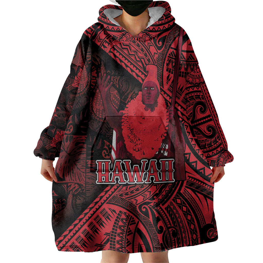 Hawaii King Kamehameha Wearable Blanket Hoodie With Hawaiian Ipu Motifs Red Version