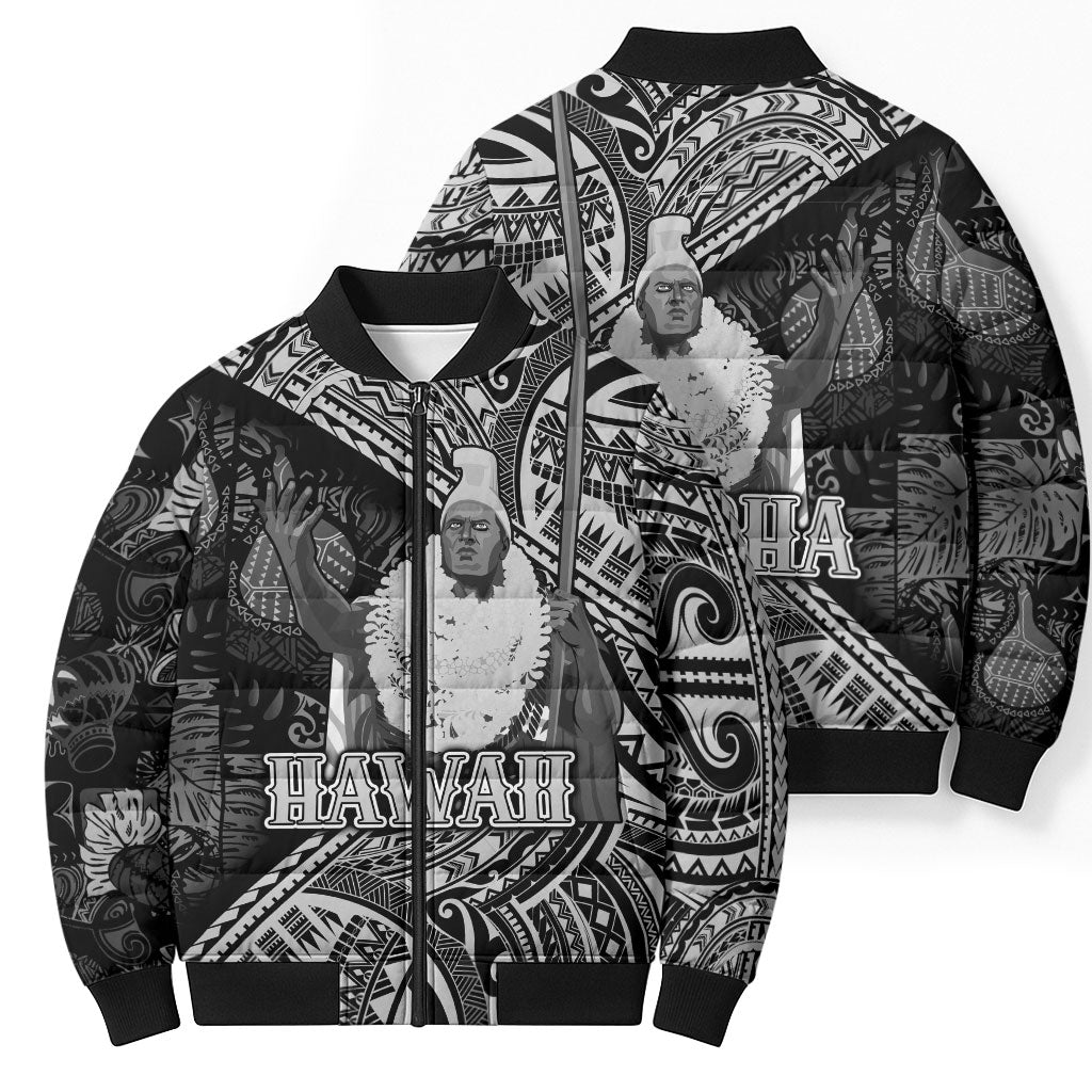 Hawaii King Kamehameha Bomber Puffer Jacket With Hawaiian Ipu Motifs Black Version LT05 - Polynesian Pride