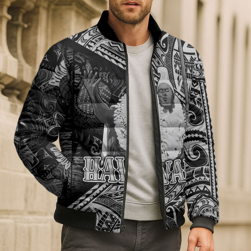 Hawaii King Kamehameha Bomber Puffer Jacket With Hawaiian Ipu Motifs Black Version LT05 - Polynesian Pride