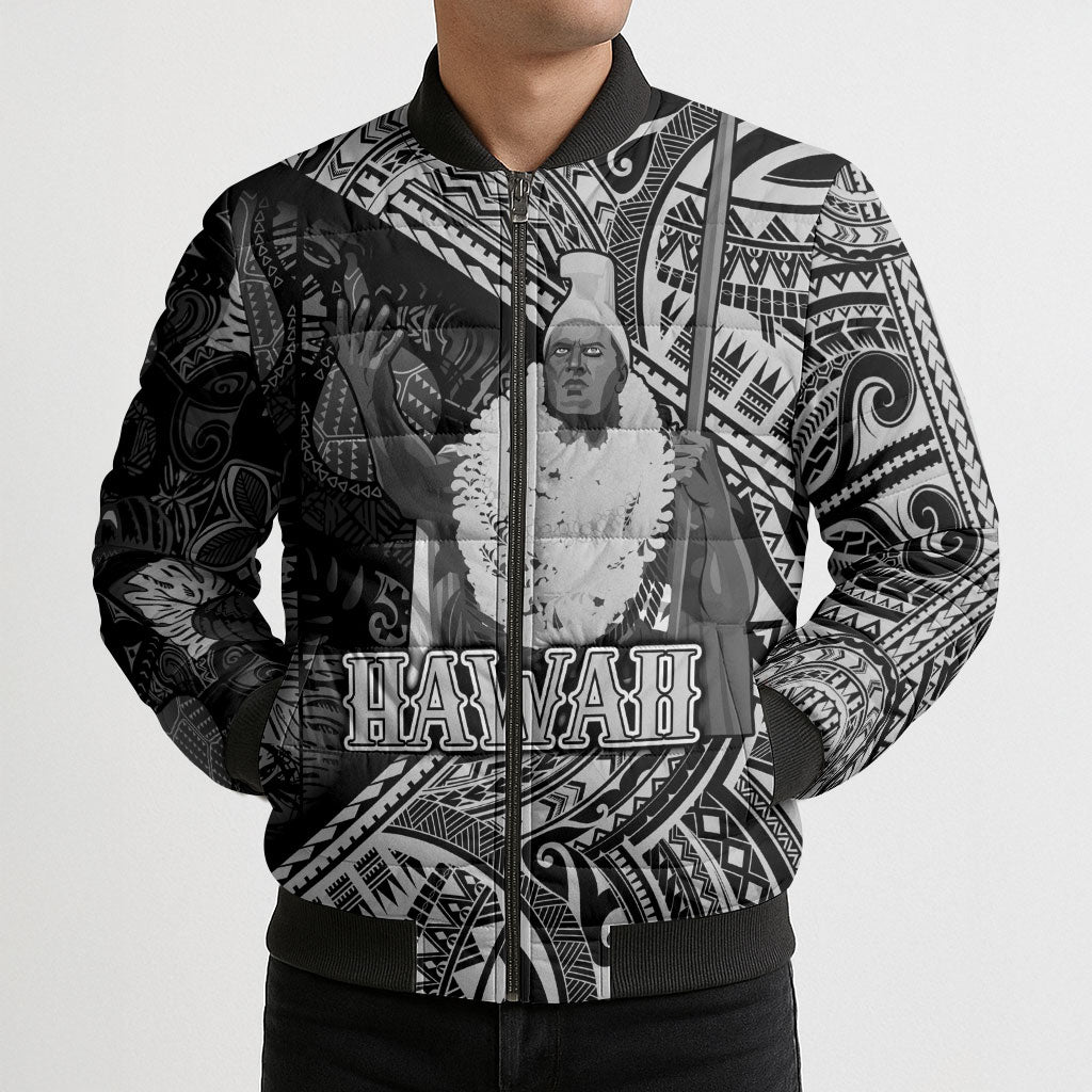 Hawaii King Kamehameha Bomber Puffer Jacket With Hawaiian Ipu Motifs Black Version LT05 - Polynesian Pride