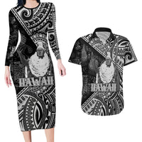 Hawaii King Kamehameha Couples Matching Long Sleeve Bodycon Dress and Hawaiian Shirt With Hawaiian Ipu Motifs Black Version