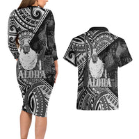 Hawaii King Kamehameha Couples Matching Long Sleeve Bodycon Dress and Hawaiian Shirt With Hawaiian Ipu Motifs Black Version