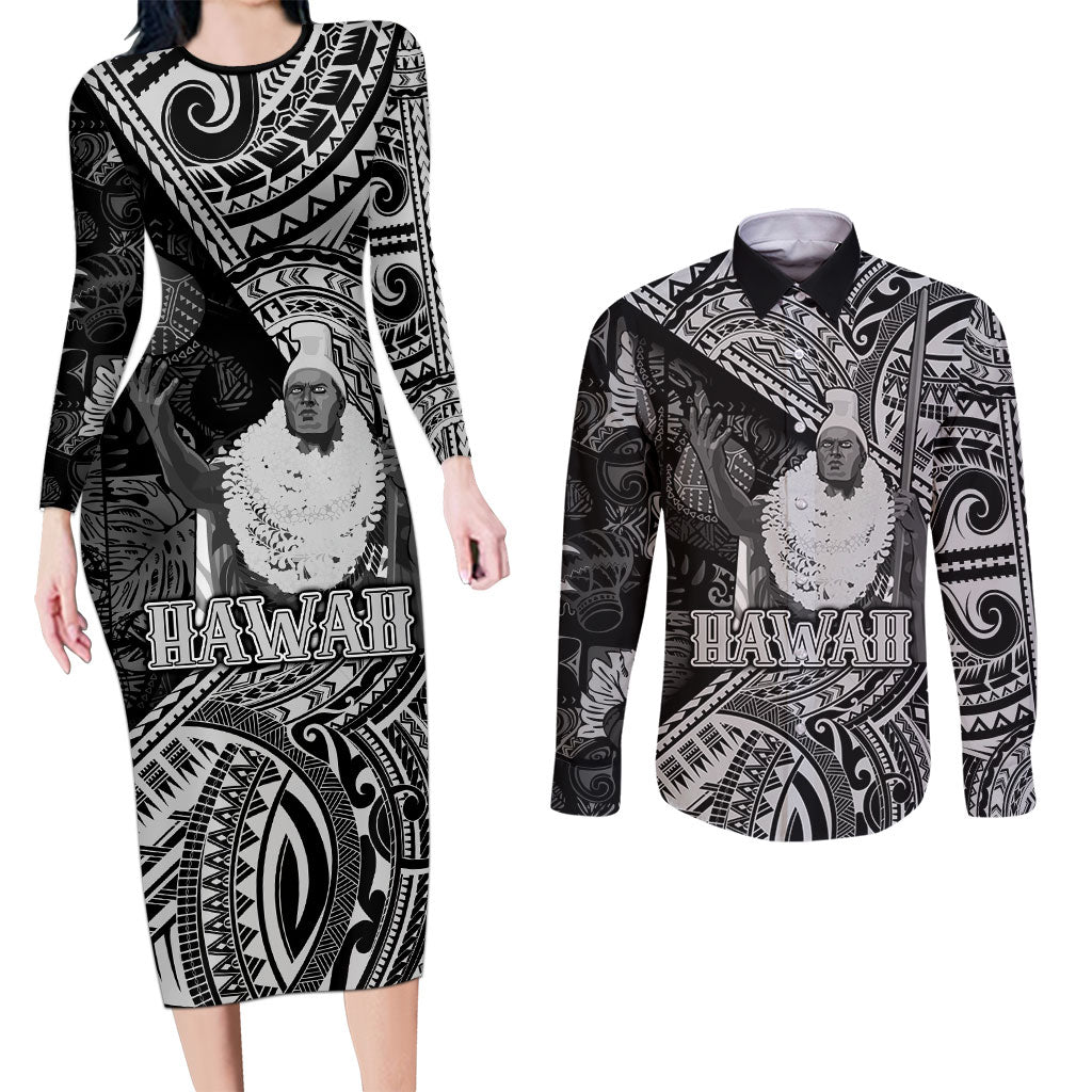 Hawaii King Kamehameha Couples Matching Long Sleeve Bodycon Dress and Long Sleeve Button Shirt With Hawaiian Ipu Motifs Black Version
