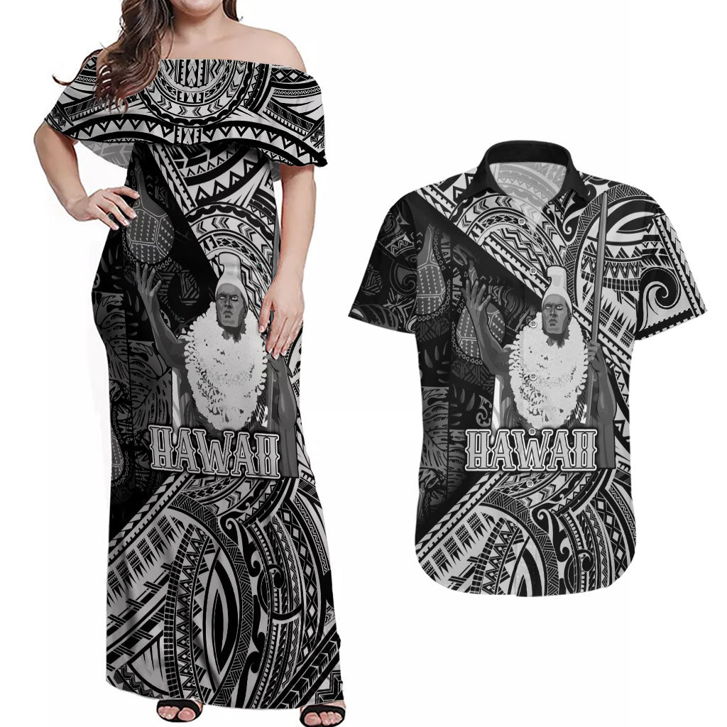 Hawaii King Kamehameha Couples Matching Off Shoulder Maxi Dress and Hawaiian Shirt With Hawaiian Ipu Motifs Black Version