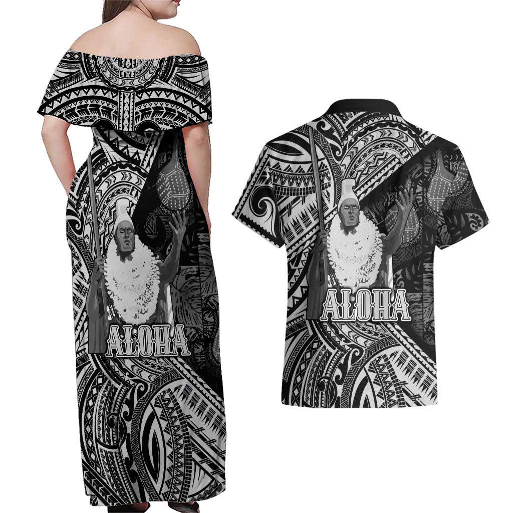 Hawaii King Kamehameha Couples Matching Off Shoulder Maxi Dress and Hawaiian Shirt With Hawaiian Ipu Motifs Black Version