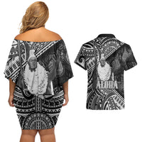 Hawaii King Kamehameha Couples Matching Off Shoulder Short Dress and Hawaiian Shirt With Hawaiian Ipu Motifs Black Version