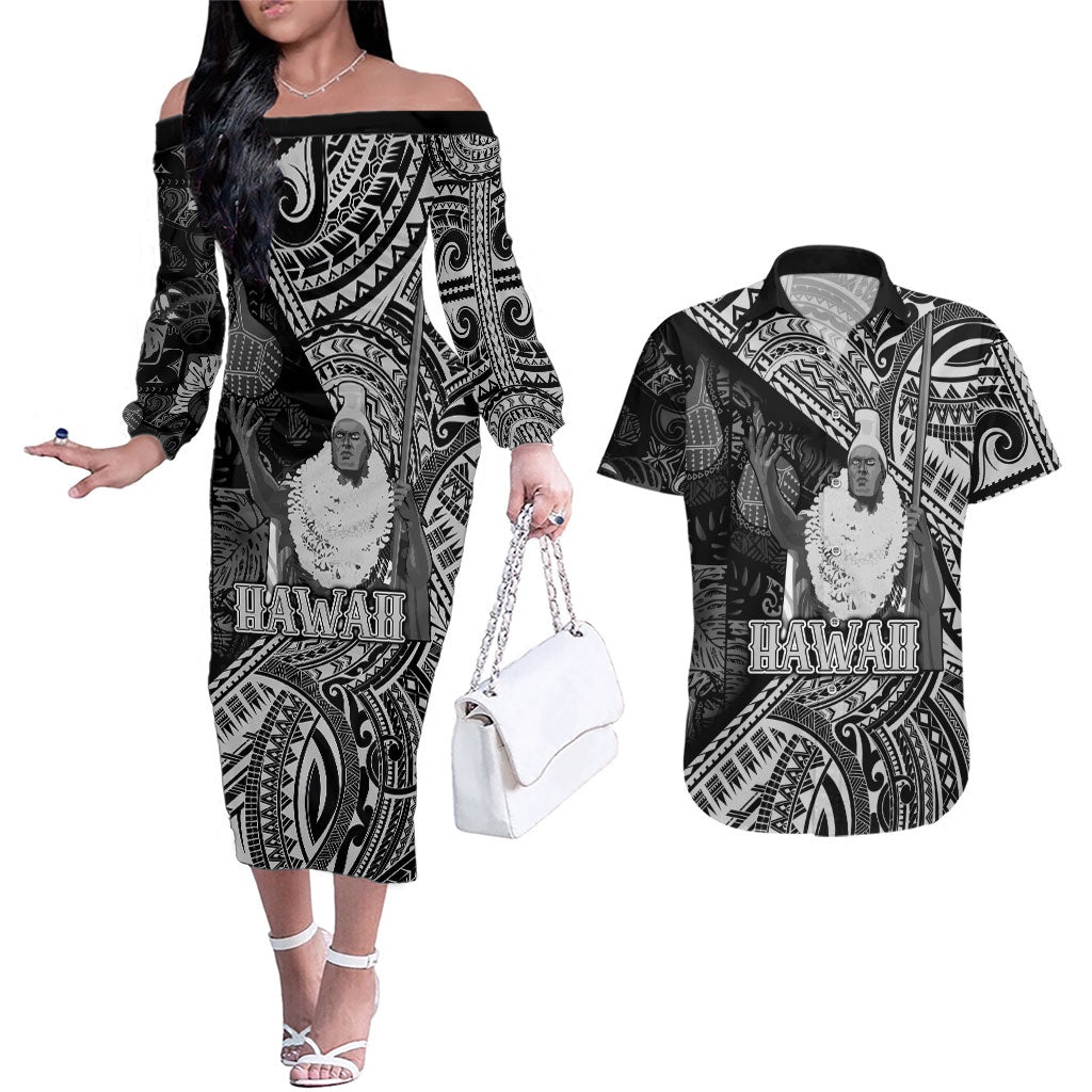Hawaii King Kamehameha Couples Matching Off The Shoulder Long Sleeve Dress and Hawaiian Shirt With Hawaiian Ipu Motifs Black Version
