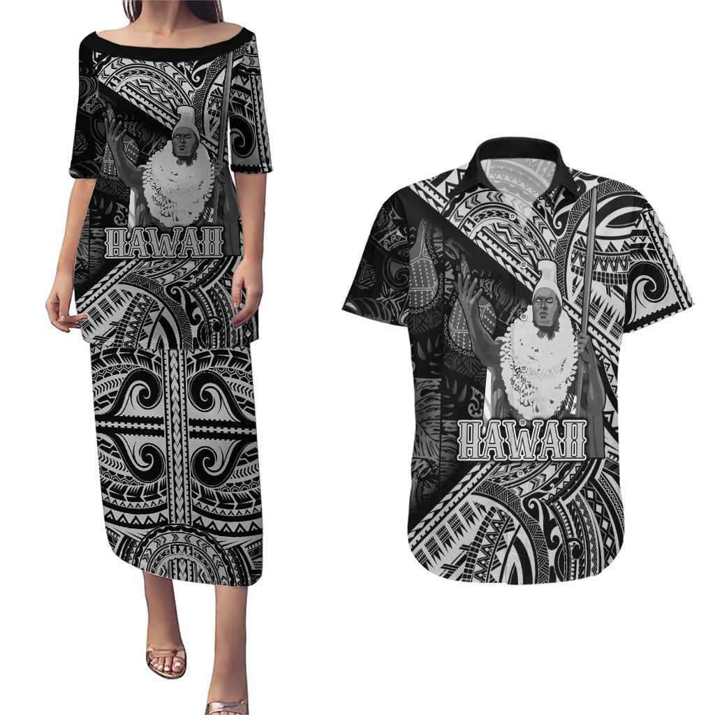 Hawaii King Kamehameha Couples Matching Puletasi and Hawaiian Shirt With Hawaiian Ipu Motifs Black Version