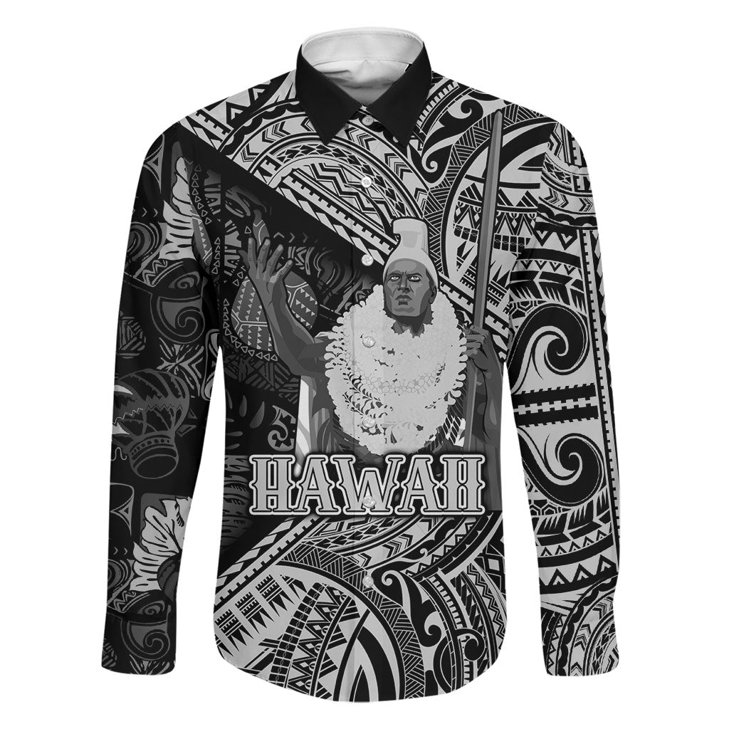Hawaii King Kamehameha Family Matching Long Sleeve Bodycon Dress and Hawaiian Shirt With Hawaiian Ipu Motifs Black Version LT05 Dad's Shirt - Long Sleeve Black - Polynesian Pride