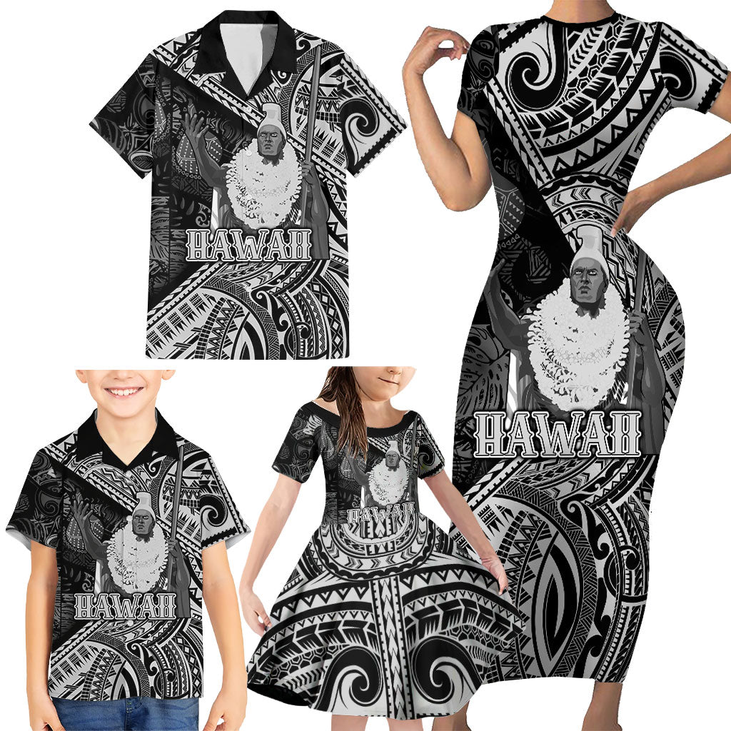Hawaii King Kamehameha Family Matching Short Sleeve Bodycon Dress and Hawaiian Shirt With Hawaiian Ipu Motifs Black Version