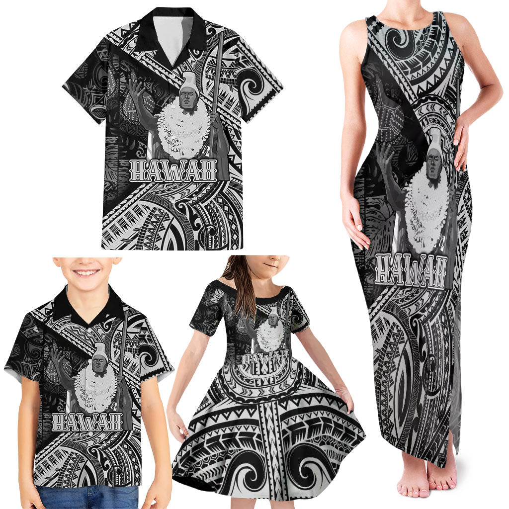 Hawaii King Kamehameha Family Matching Tank Maxi Dress and Hawaiian Shirt With Hawaiian Ipu Motifs Black Version