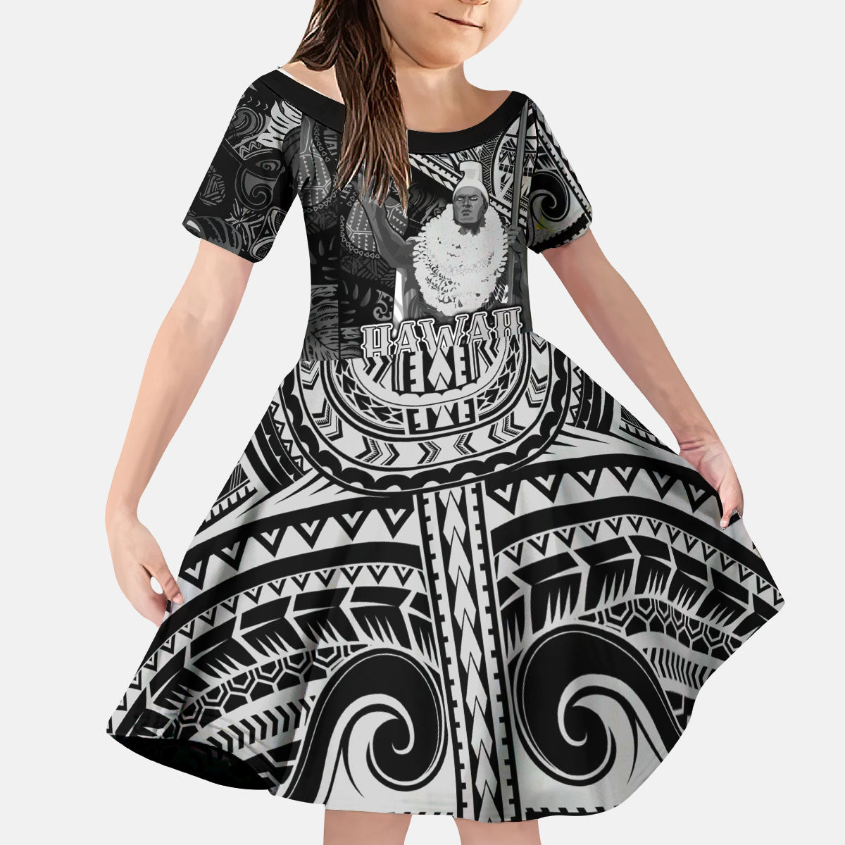 Hawaii King Kamehameha Kid Short Sleeve Dress With Hawaiian Ipu Motifs Black Version