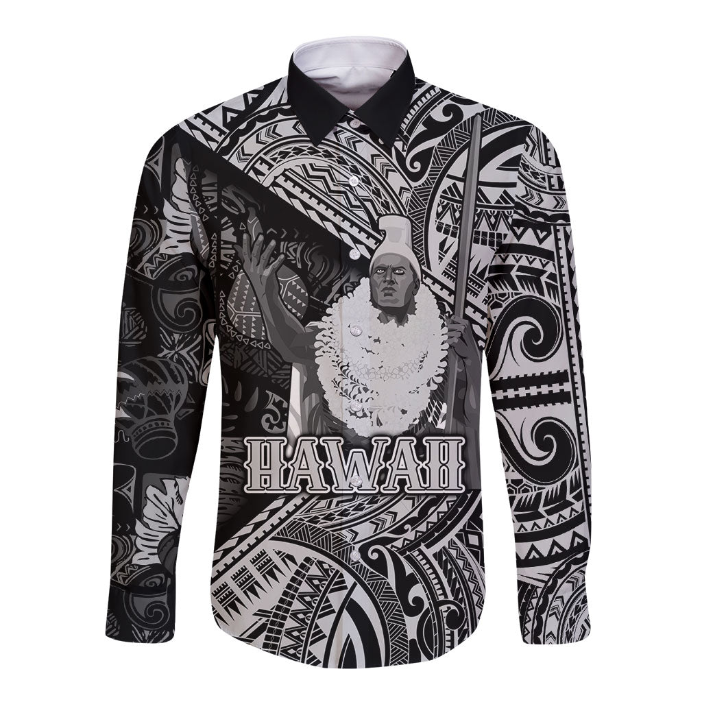 Hawaii King Kamehameha Long Sleeve Button Shirt With Hawaiian Ipu Motifs Black Version