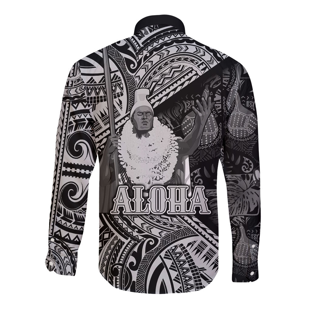 Hawaii King Kamehameha Long Sleeve Button Shirt With Hawaiian Ipu Motifs Black Version