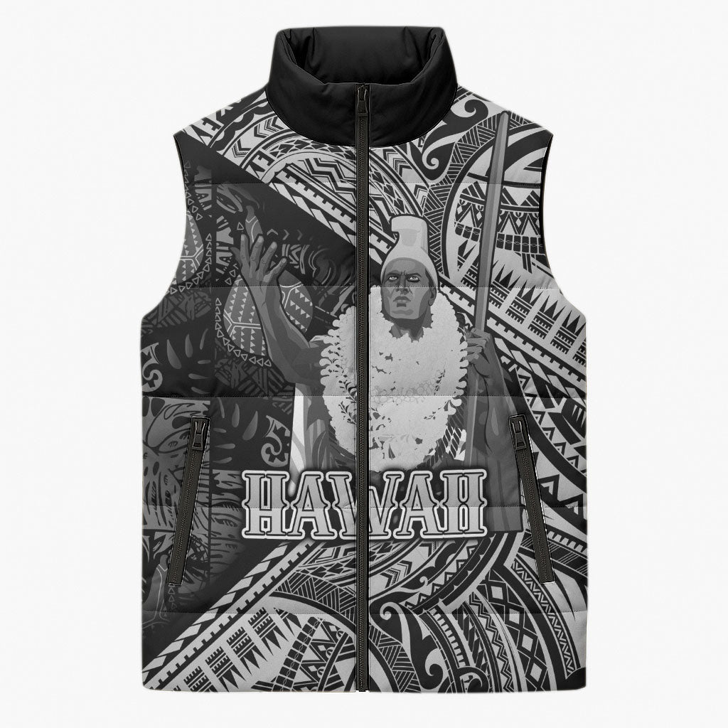 Hawaii King Kamehameha Sleeveless Puffer Jacket With Hawaiian Ipu Motifs Black Version LT05 Unisex Black - Polynesian Pride