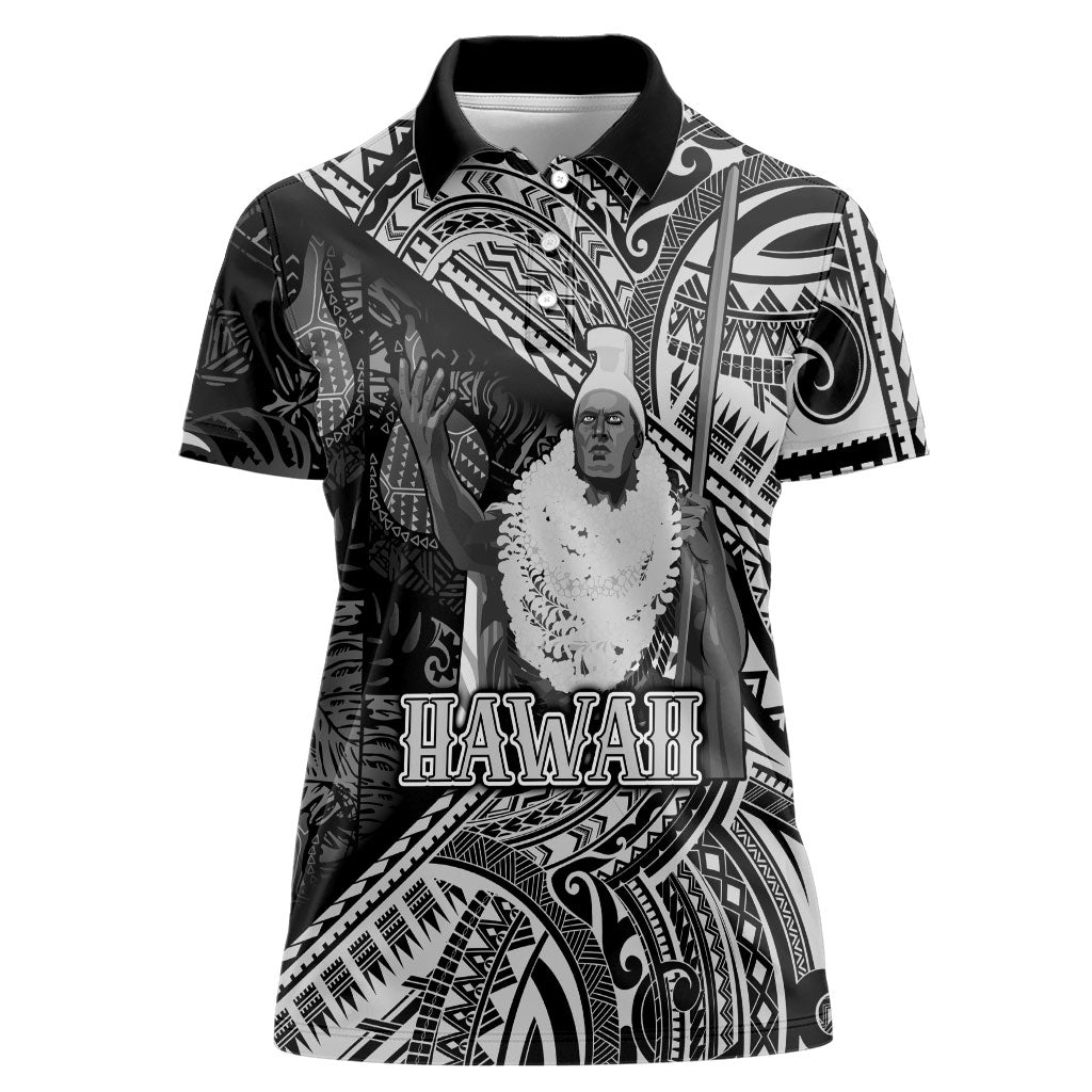 Hawaii King Kamehameha Women Polo Shirt With Hawaiian Ipu Motifs Black Version