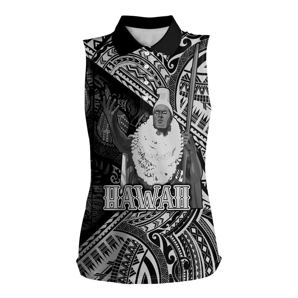 Hawaii King Kamehameha Women Sleeveless Polo Shirt With Hawaiian Ipu Motifs Black Version