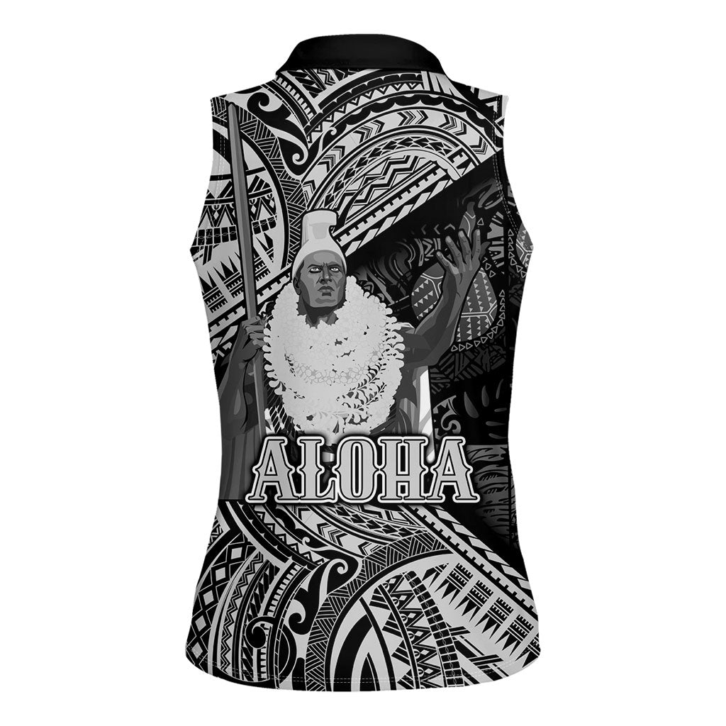 Hawaii King Kamehameha Women Sleeveless Polo Shirt With Hawaiian Ipu Motifs Black Version