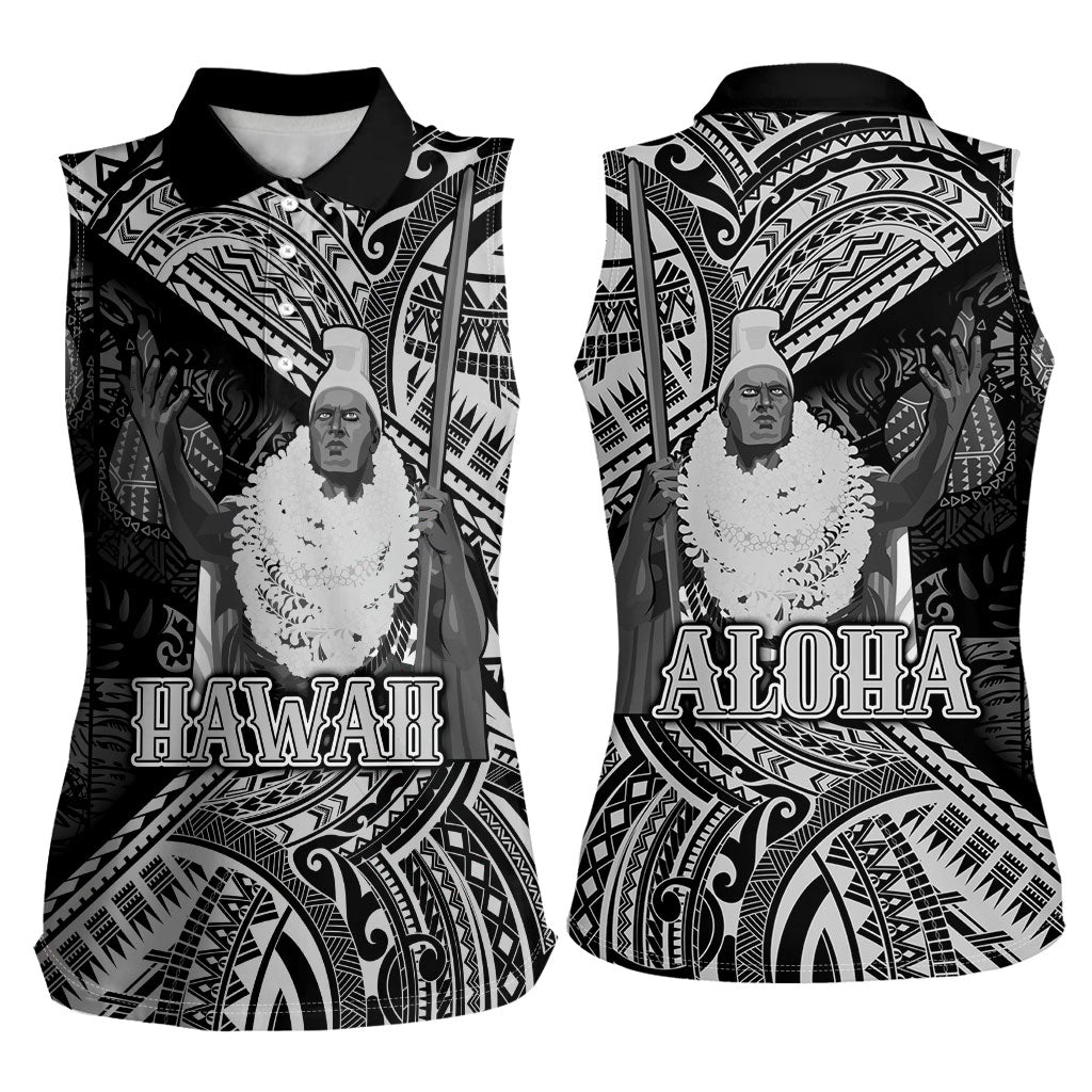 Hawaii King Kamehameha Women Sleeveless Polo Shirt With Hawaiian Ipu Motifs Black Version